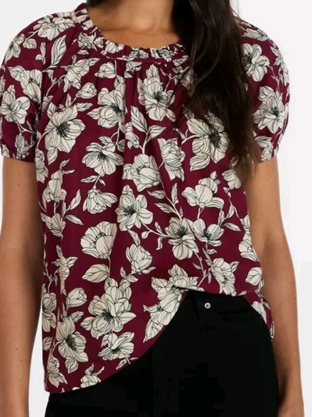 Time and Tru Ruffle Neck Top with Short Puff Sleeves